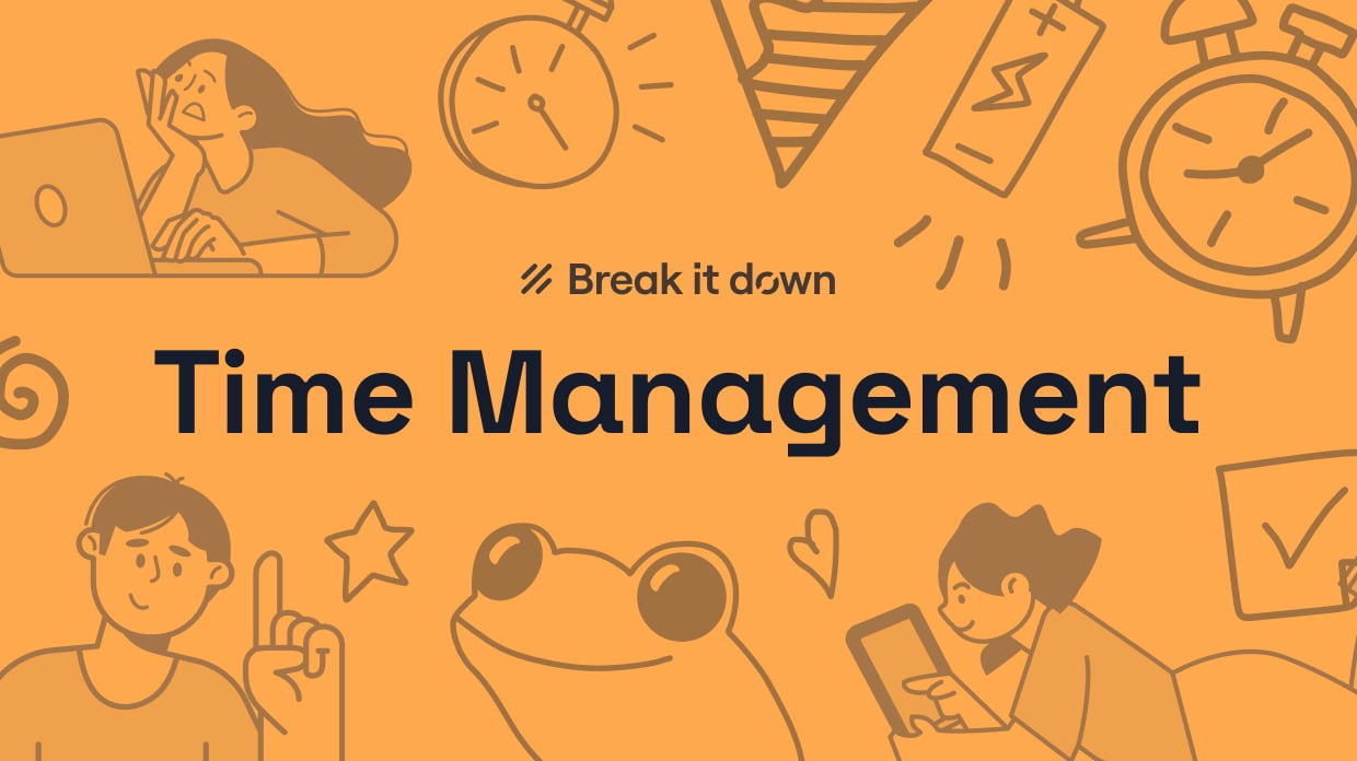 Illustrated banner for “Time Management”, showing students planning and managing their time.