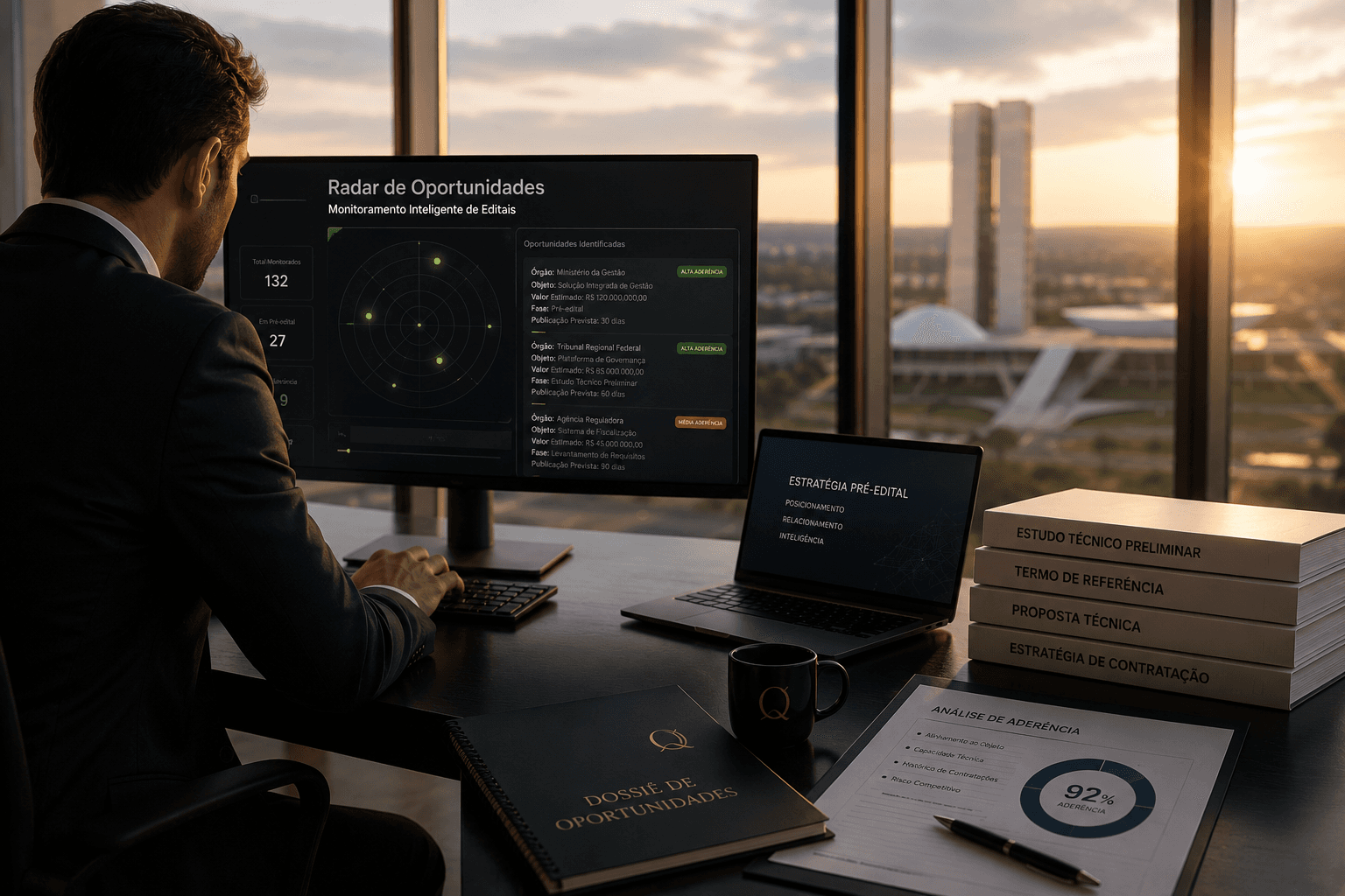 Profissional diante de monitor com painel Radar de Oportunidades e monitoramento inteligente de editais.