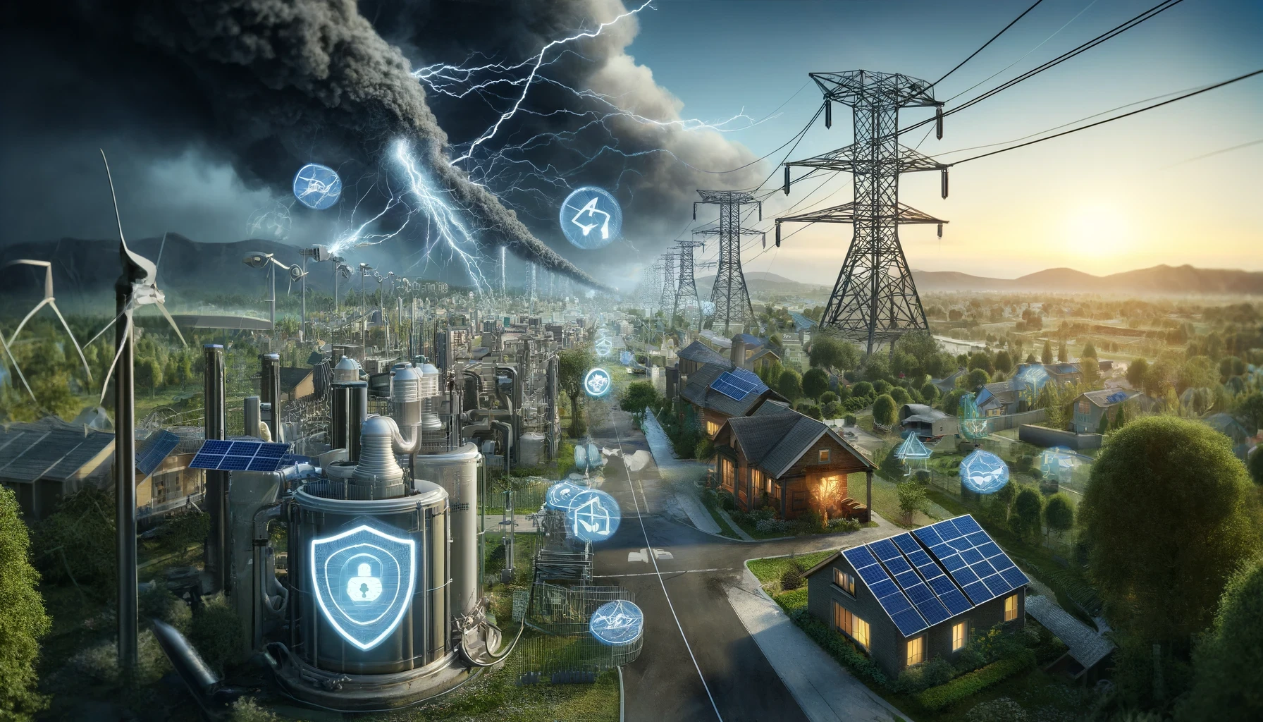 The image is a dynamic and striking illustration depicting a modern energy infrastructure under threat from a severe storm. Key elements of the image include:  Renewable Energy Sources:  Wind Turbines: Several wind turbines are visible on the left side of the image, symbolizing the generation of wind energy. Solar Panels: Solar panels are installed on the rooftops of residential houses and industrial buildings, indicating the use of solar energy. Traditional Energy Infrastructure:  Power Lines and Transmission Towers: Large transmission towers and power lines dominate the right side of the image, showcasing the distribution network for electricity. Industrial Facilities: The image includes various industrial buildings and energy plants, with one prominent facility featuring a large lock icon, suggesting security and control mechanisms. Severe Storm:  Dark Clouds and Lightning: A menacing storm is rolling in from the left side of the image, with dark clouds and multiple lightning strikes, highlighting the potential threat to the energy infrastructure. Tornado: A tornado is visible in the background, adding to the scene's intensity and emphasizing the destructive power of natural disasters. Digital Connectivity and Smart Technology:  Holographic Icons: Various digital icons and holograms float in the air, representing smart grid technologies, security features, and data analytics. Security and Control: The lock icon on the industrial facility suggests cybersecurity measures to protect critical infrastructure. Residential and Community Area:  Homes with Solar Panels: The foreground and right side of the image feature homes equipped with solar panels, indicating the adoption of renewable energy at the community level. Greenery and Landscaping: Despite the storm, the area is lush with greenery and well-maintained landscaping, illustrating a blend of technology and nature. Energy and Data Flow:  Glowing Lines and Nodes: The image includes glowing lines and nodes connecting various elements, symbolizing the flow of energy and data within the smart grid. Sunset and Lighting: The background shows a sunset, adding a dramatic effect to the scene and contrasting with the dark storm clouds.  Overall, the image portrays a modern, interconnected energy ecosystem that incorporates both renewable and traditional energy sources, emphasizing the importance of cybersecurity and resilience in the face of natural disasters. The presence of advanced technologies and smart grid components highlights the ongoing efforts to secure and optimize energy infrastructure in a dynamic and challenging environment.