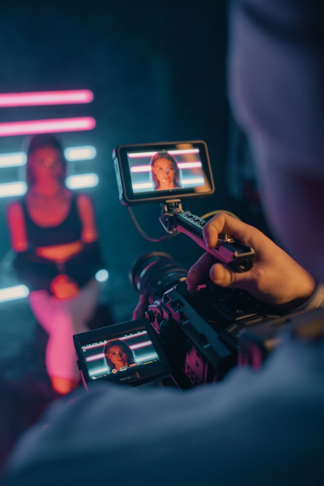 Close-up of video production camera and monitor
