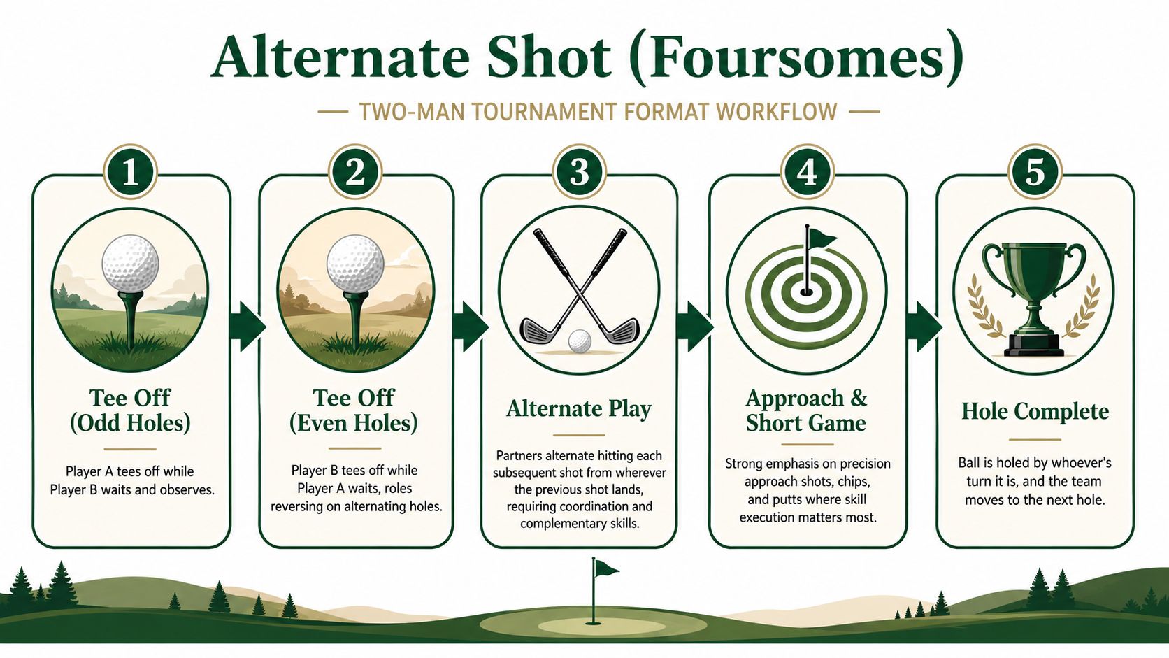A workflow infographic explaining the alternate shot format for a two-man golf tournament in five numbered steps.