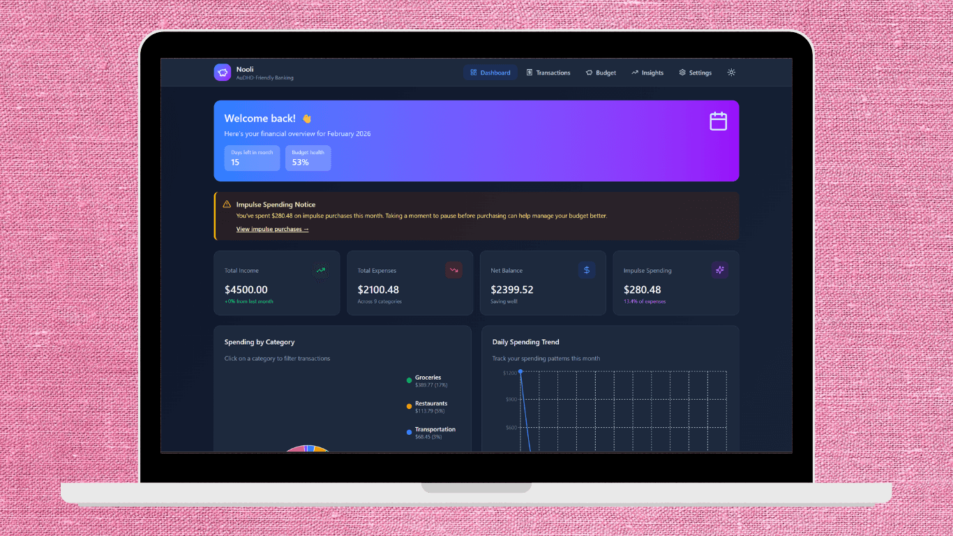 Nooli screenshots showing the dashboard page