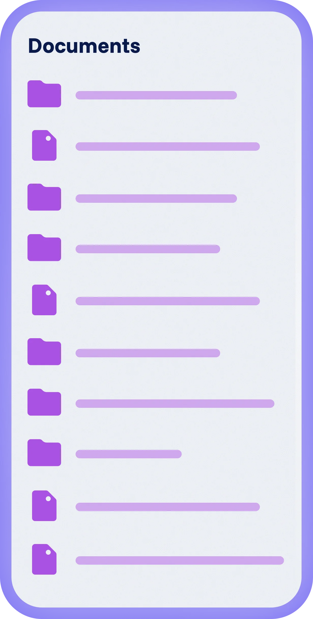 Spencer mobile interface with document overview, list of folders and files with icons, and a clear structure