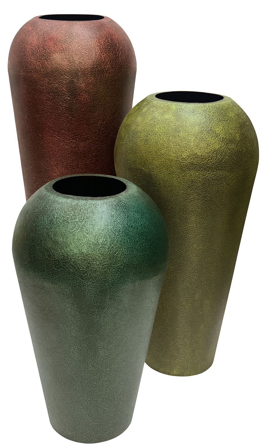 Handcrafted metal floor vase with crackle finish in earthy tones