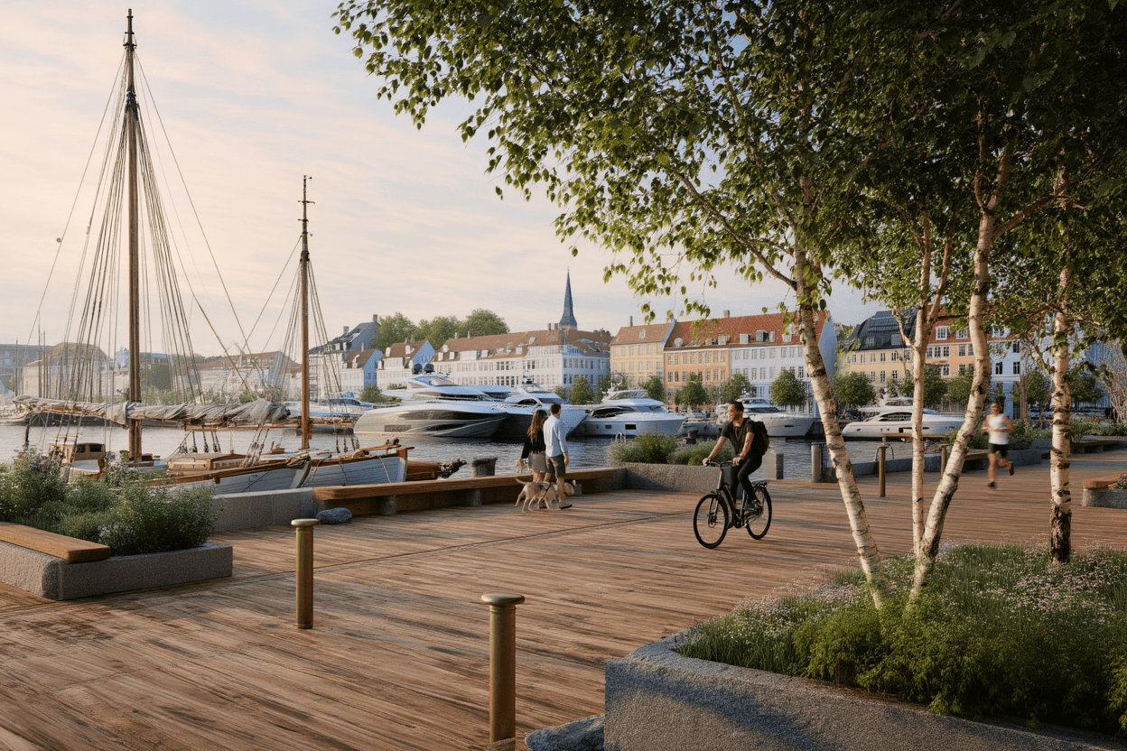 Outdoor waterfront plaza with landscaping and public seating
