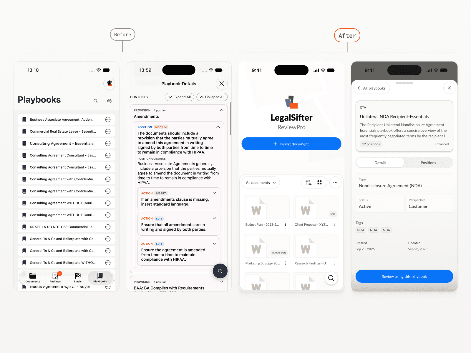 Before/after comparison of the LegalSifter mobile app: playbooks list, playbook details, and ReviewPro home screen