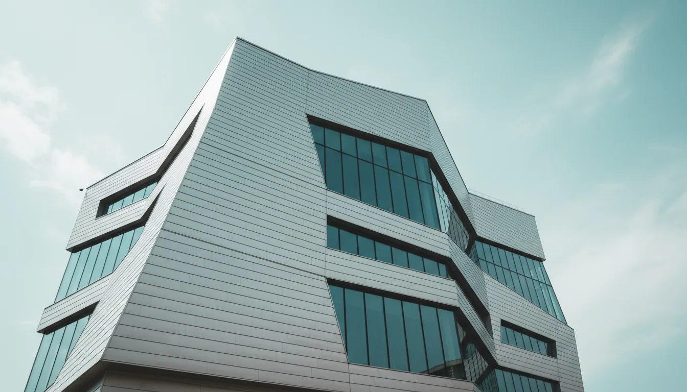 Wide-angle, low-angle DSLR photograph of a modern deconstructivist building, showcasing sharp, angular crystalline forms. The facade features a dynamic interplay of brushed aluminum paneling with prominent horizontal lines and expansive geometric glass curtain walls. The scene is illuminated by bright, natural daylight, set against a pale cyan sky with soft, wispy clouds. The overall aesthetic is clean and minimalist, with a cool, slightly desaturated color grade and sharp focus on the architectural details.