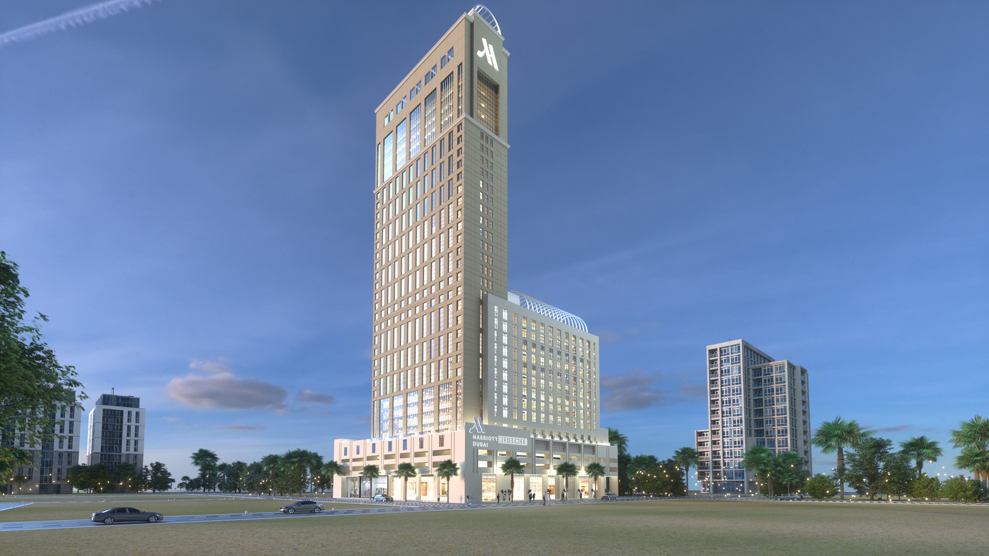Rendering of a new building in Dubai featuring a spacious Courtyard by Marriott of 14,800 square feet.