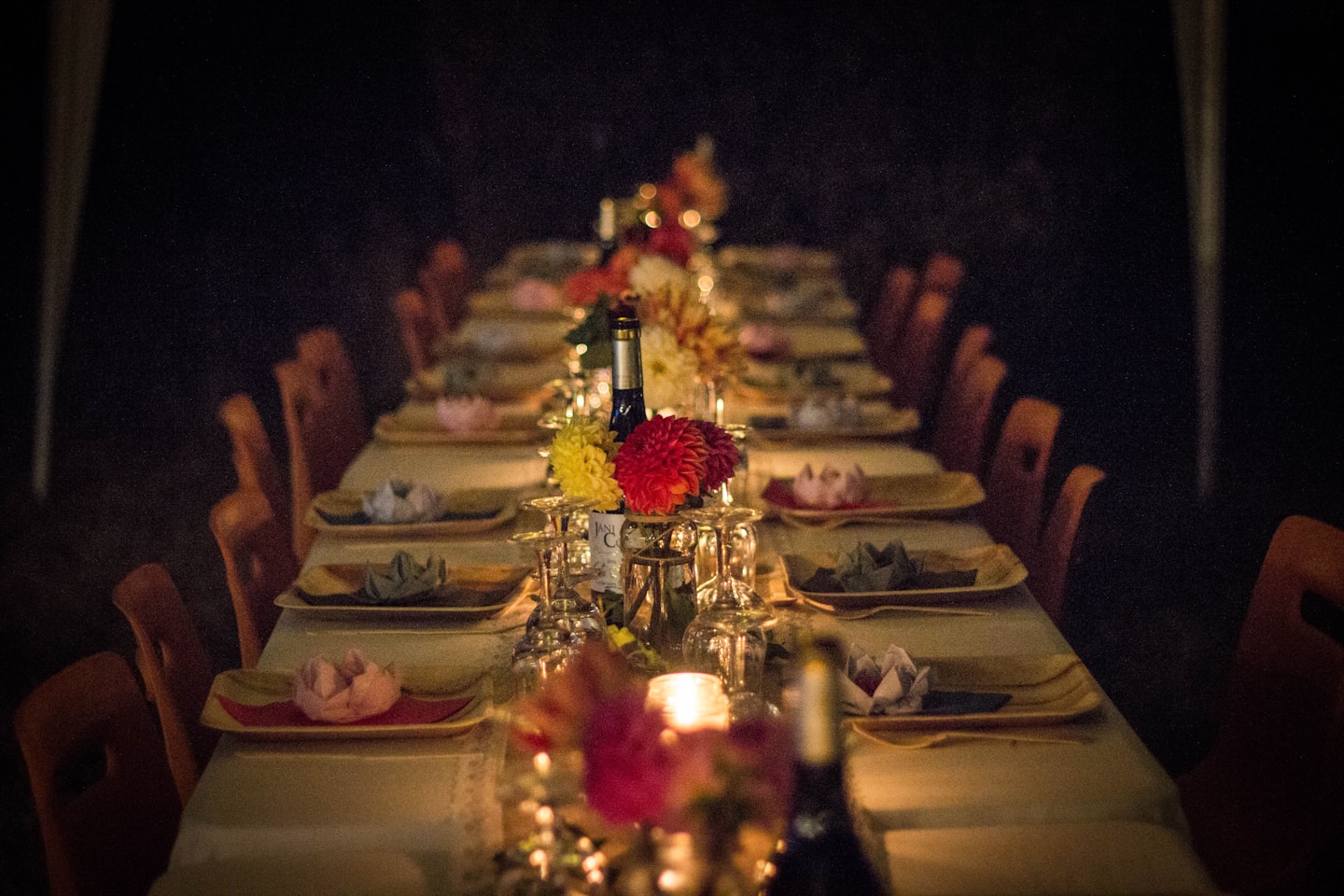 The long table, set and lit