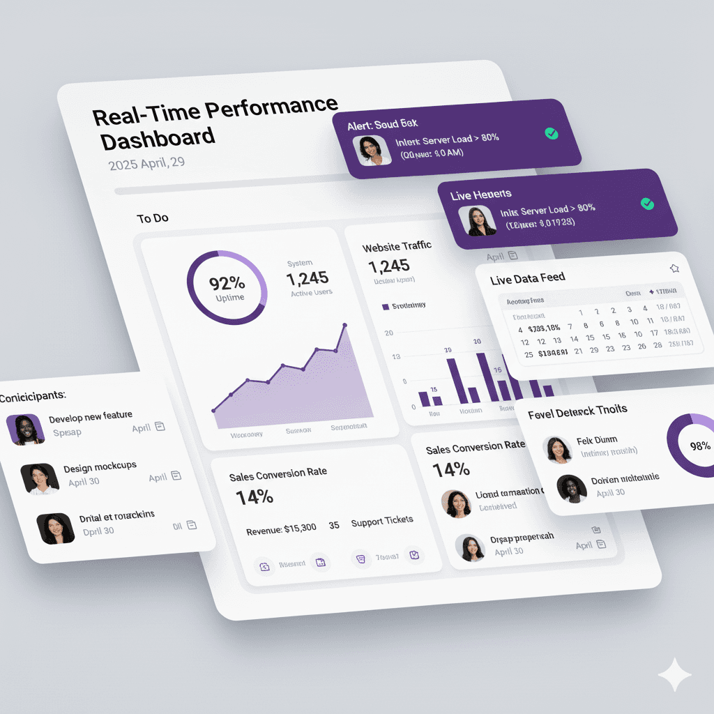 Integration performance stats for Nuvio, Klyra, and Veltix with percentage changes.