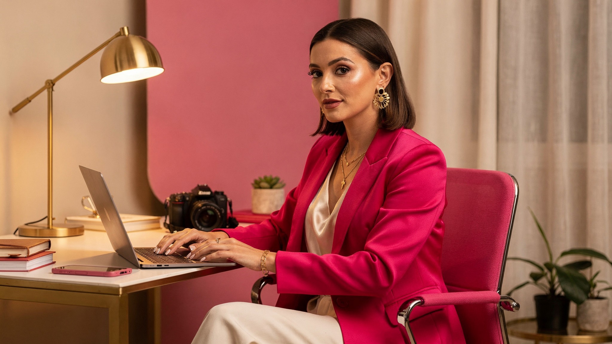 Lifestyle creator at a laptop reviewing AI-generated suggestions from an Instagram hashtag generator