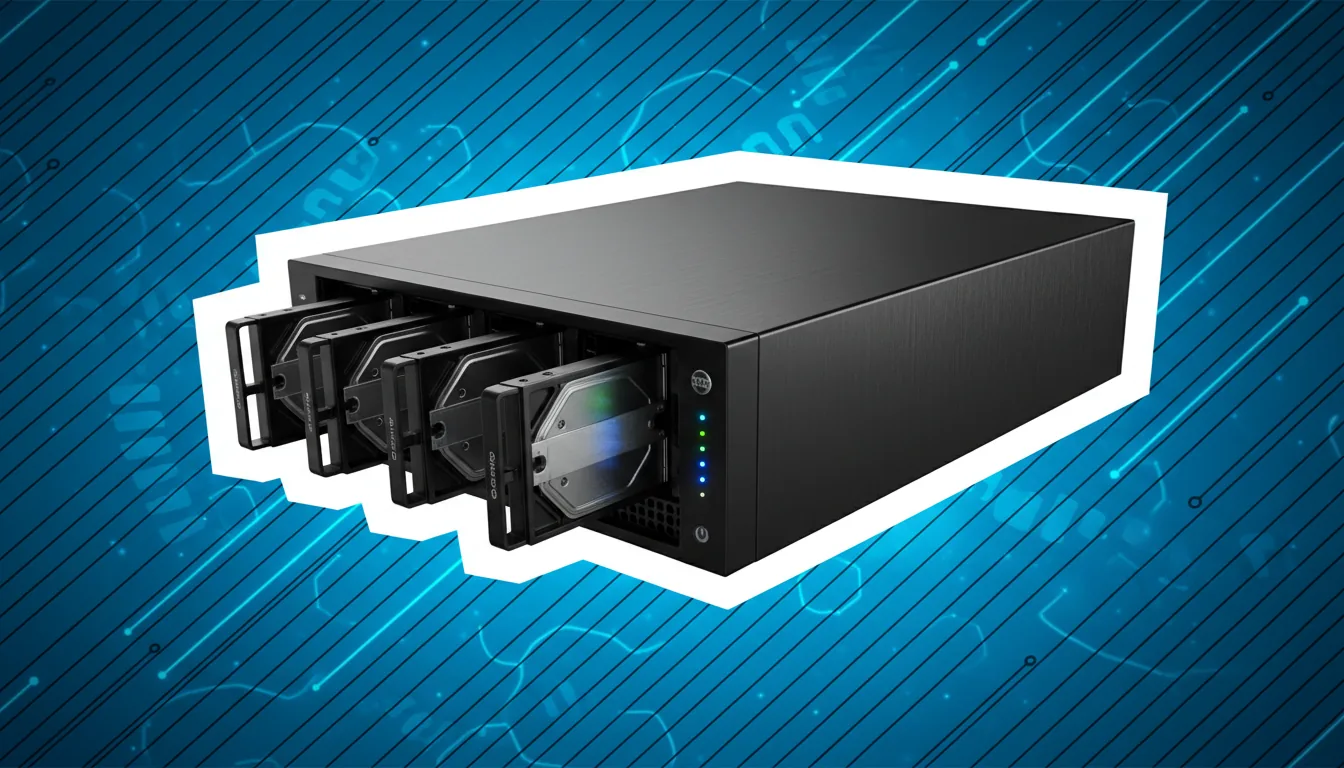 DSLR product shot of a 5-bay black metal server RAID enclosure with its drive caddies partially ejected. The hardware is isolated with a thick, irregular white cut-out border. Behind it is a stylized graphic background of vibrant blue with abstract darker blue shapes and thin diagonal black lines. Soft studio lighting, sharp focus, modern tech aesthetic.