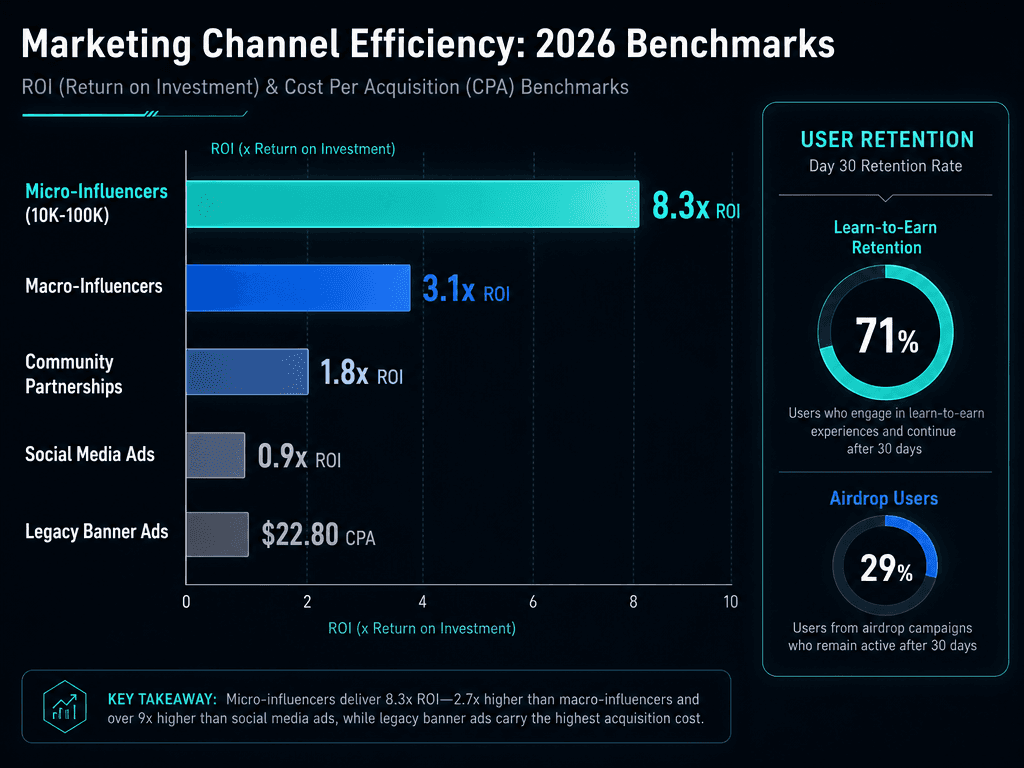 A bar chart comparing 2026 crypto marketing ROI, showing micro-influencers at 8.3x ROI versus macro-influencers and legacy banner ads.