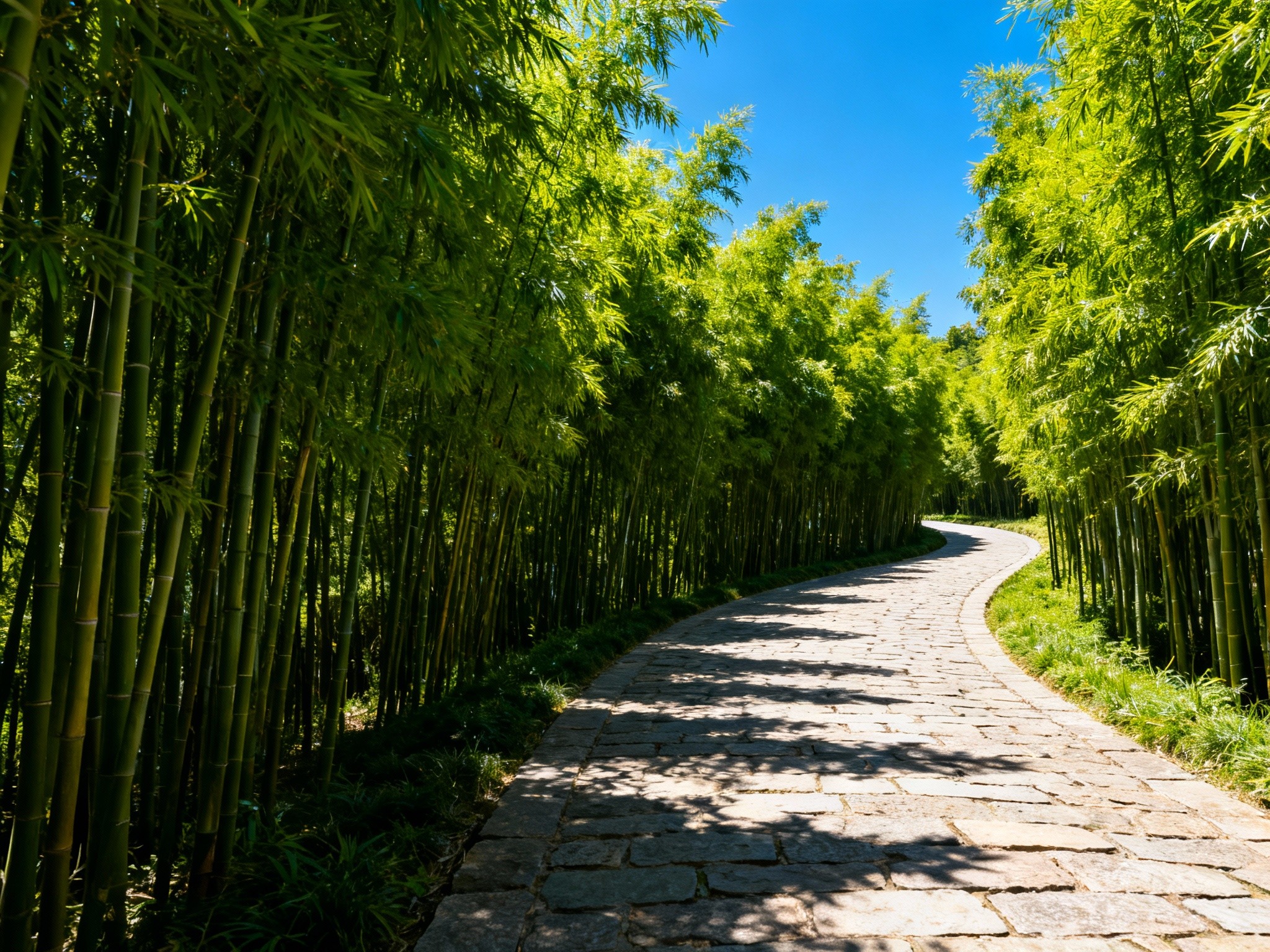 An elegant bamboo garden at midday under bright sunlight, composed in a wide landscape format
