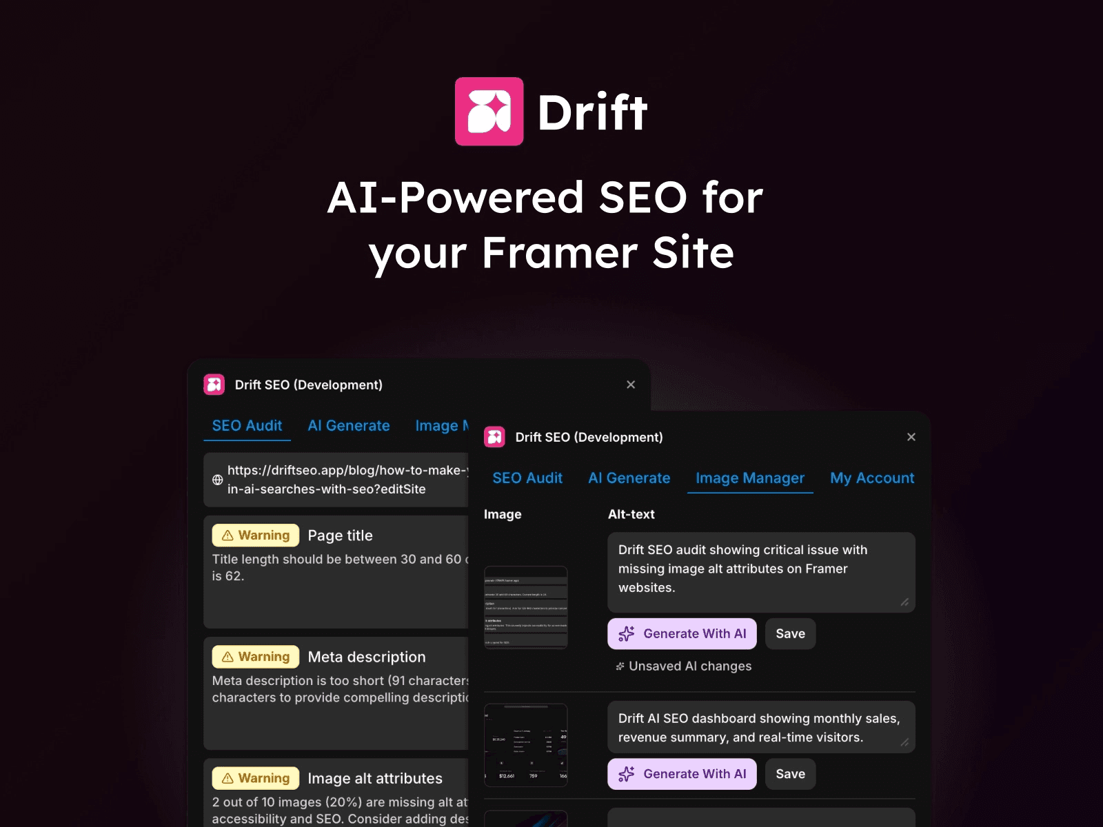 Screenshot of drift seo plugin UI