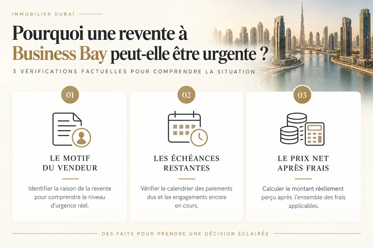 Infographie DSS expliquant revendre un bien à business bay : les vérifications utiles et les vérifications concrètes à effectuer