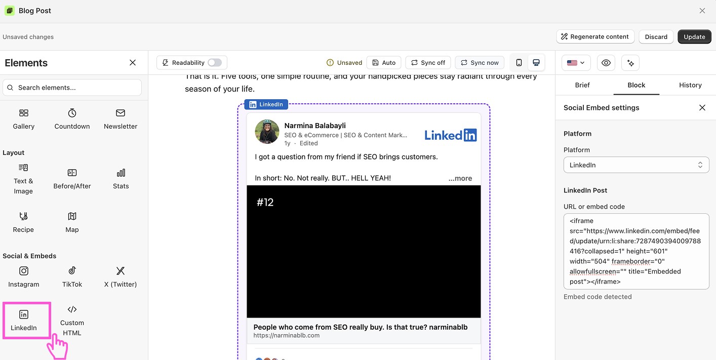 How to embed LikedIn posts to a blog post in Shopify?