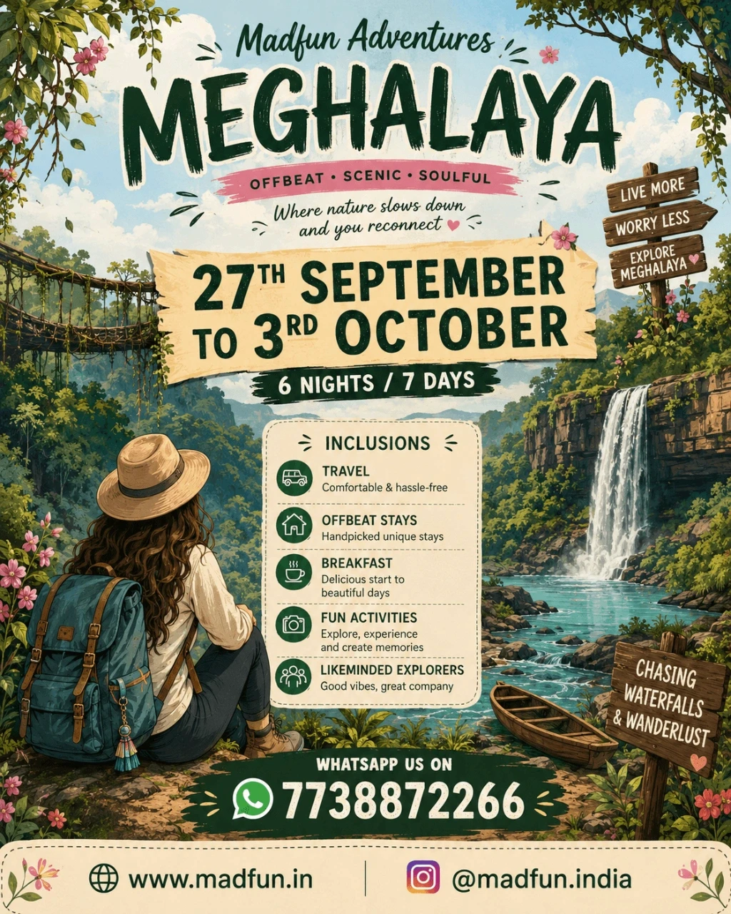 Meghalaya adventure tour ad with waterfall, lush greenery & woman in hat. Dates Sept 27-Oct 3. Book at madfun.in