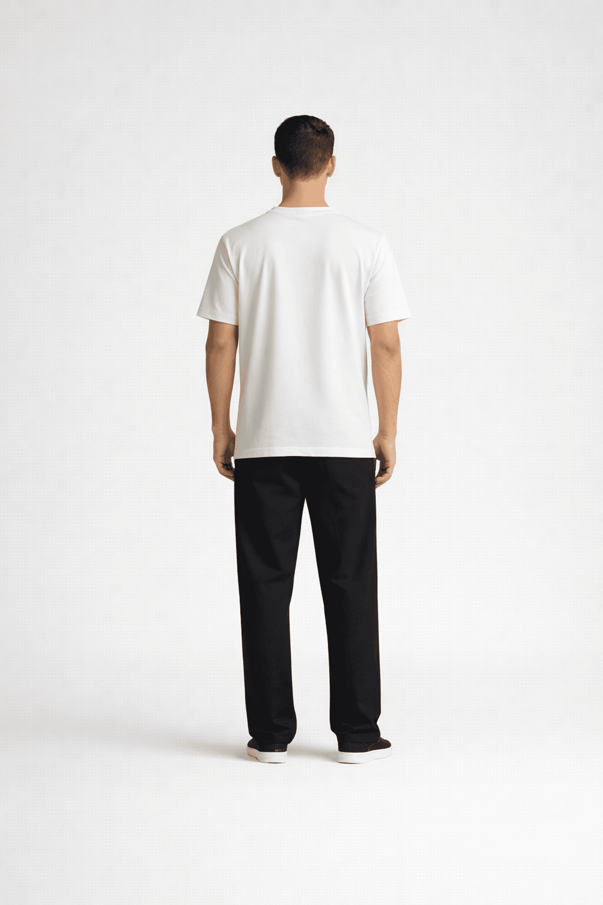 Unisex fashion model wearing white basic t-shirt, back view