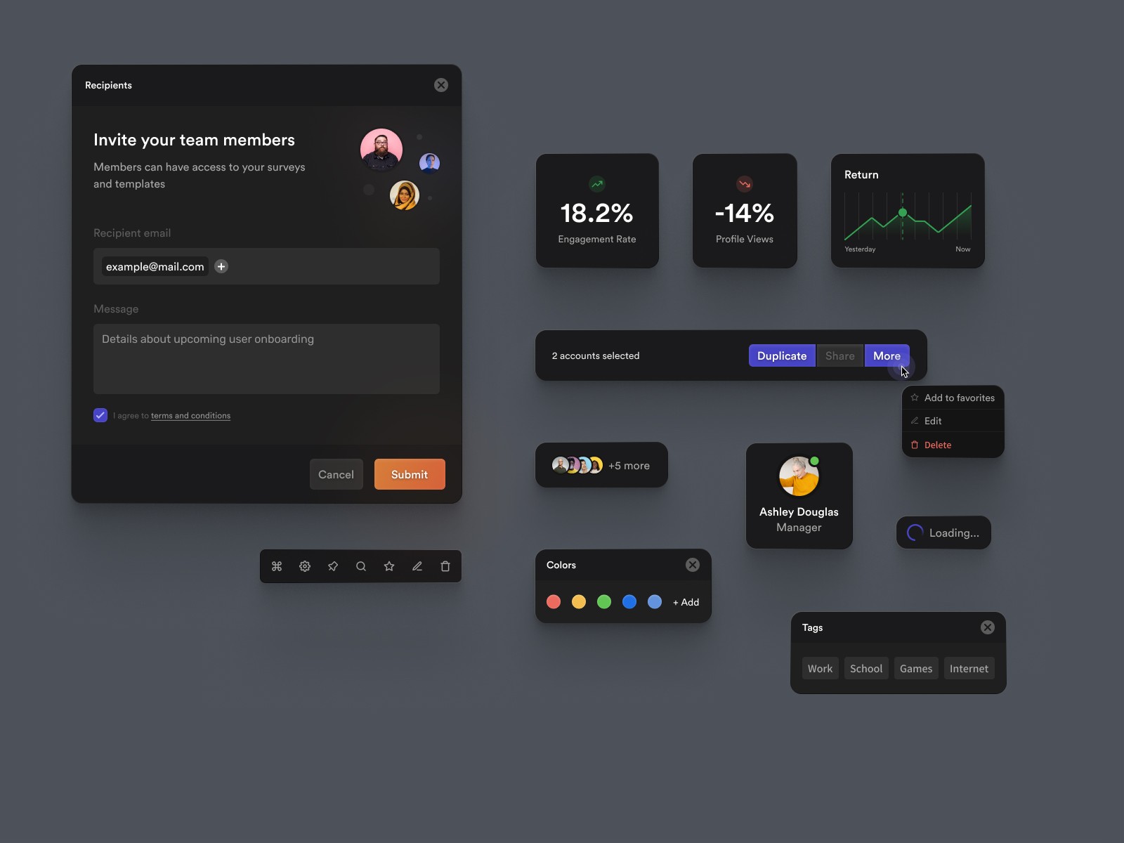Set of modern, dark-mode UI components