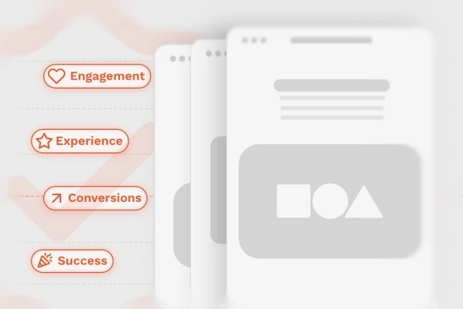 Illustration of UI wireframes and elements symbolizing user engagement, success, experience and conversions.