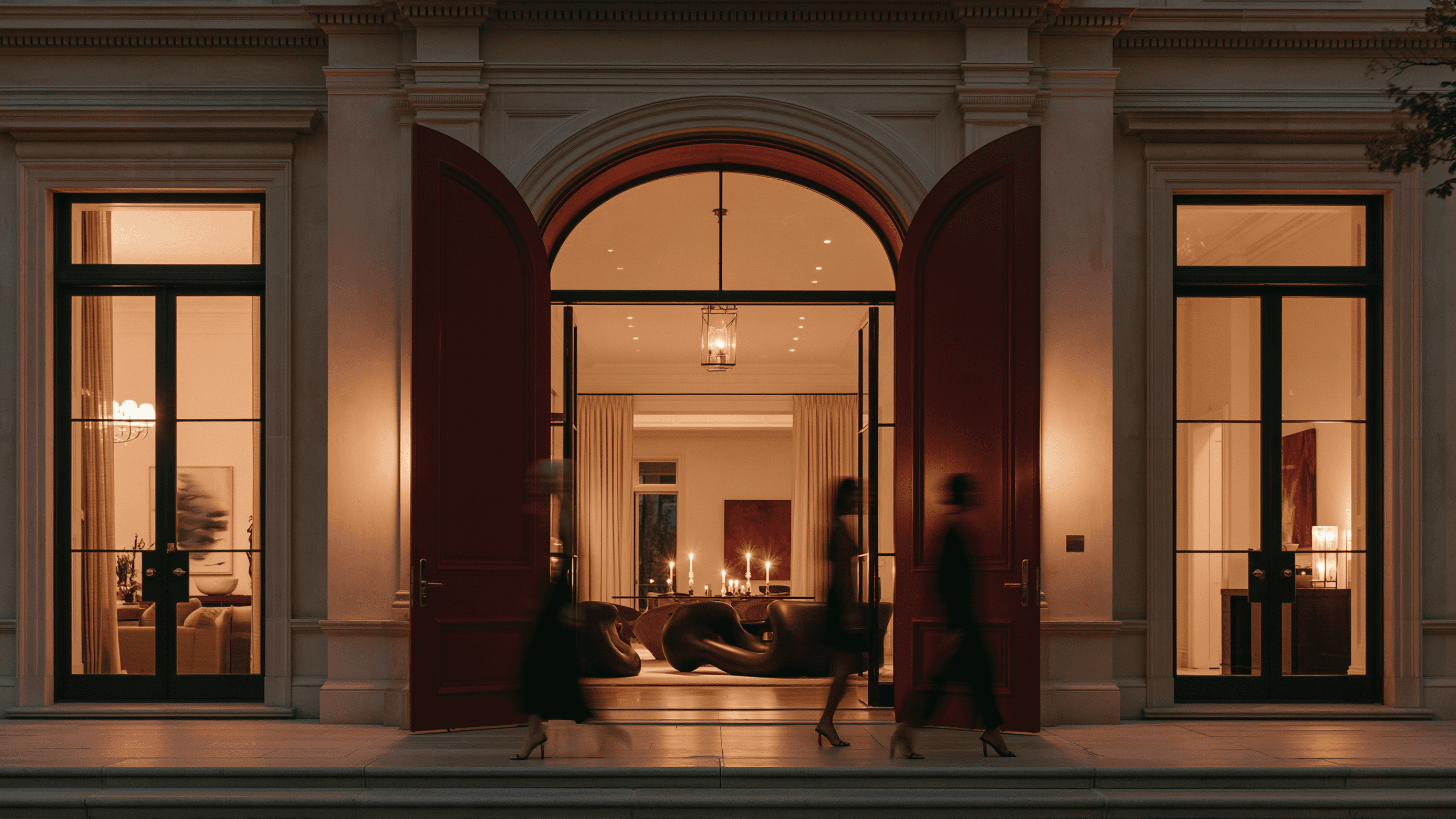 People entering a warmly lit building through red doors.