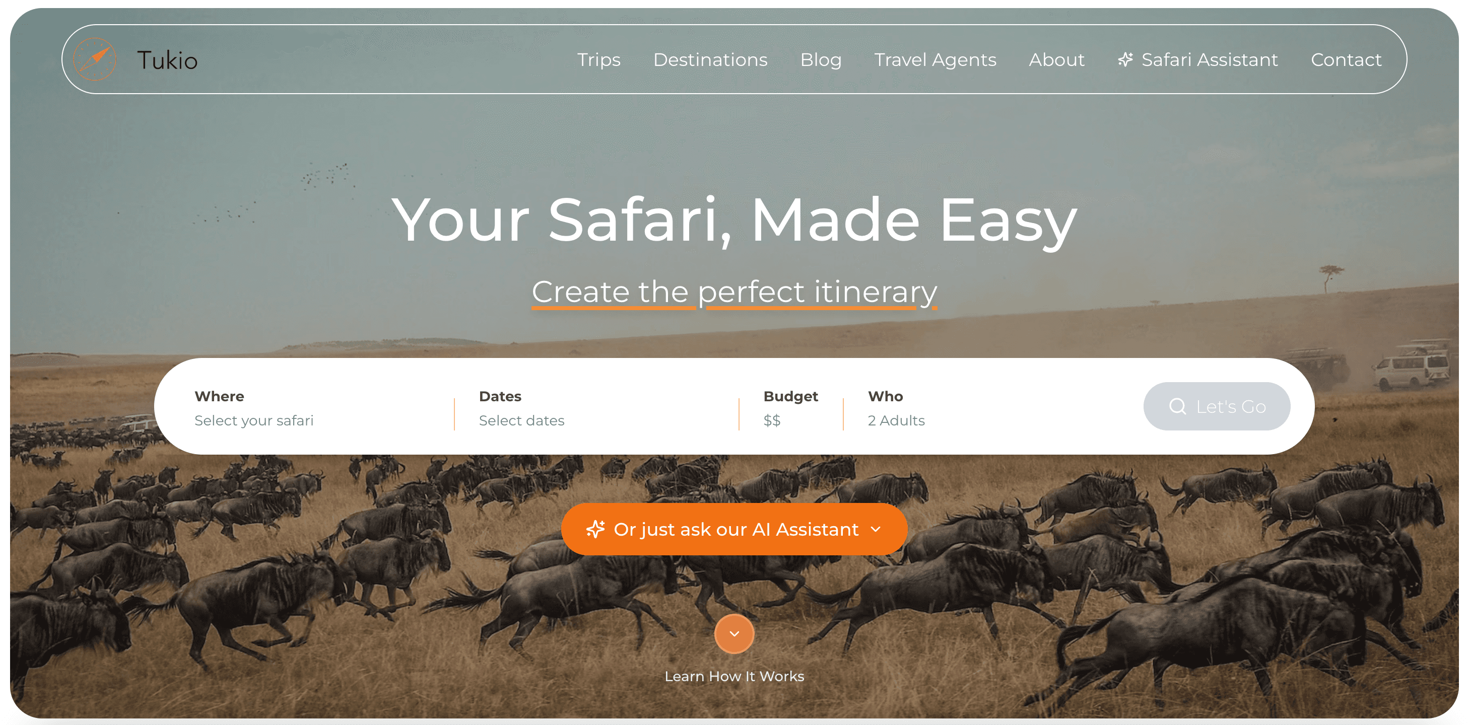 Tukio homepage search bar for creating and booking African safari itineraries online