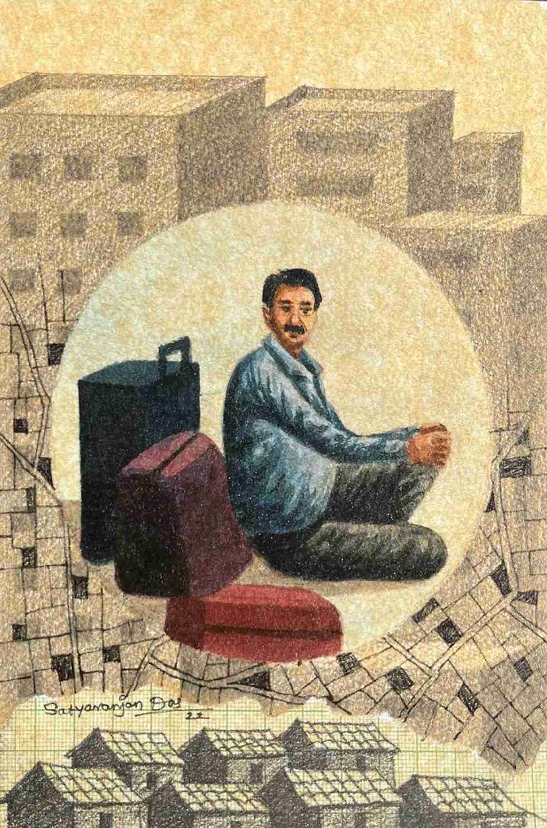 herd of sheep on road painting