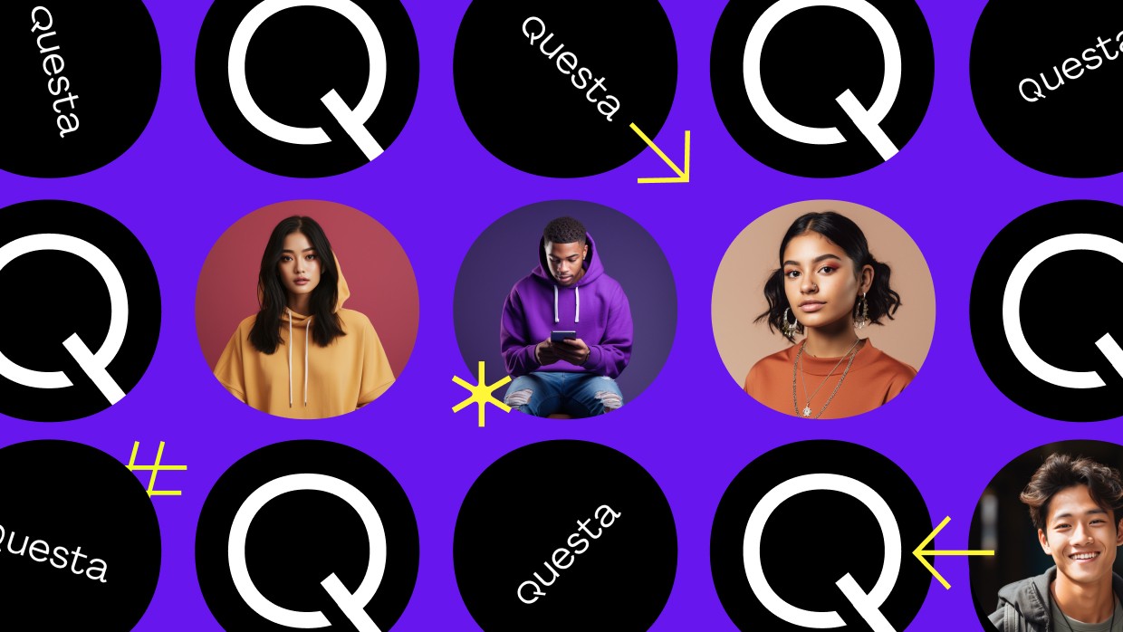 A colorful graphic featuring a grid of circles with the letter "Q" and several stylized images of individuals.