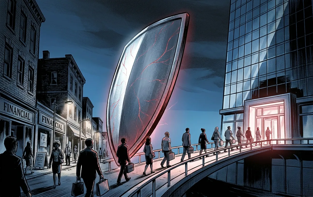 People entering a digital agency with a giant coin, RockN' Socials branding.