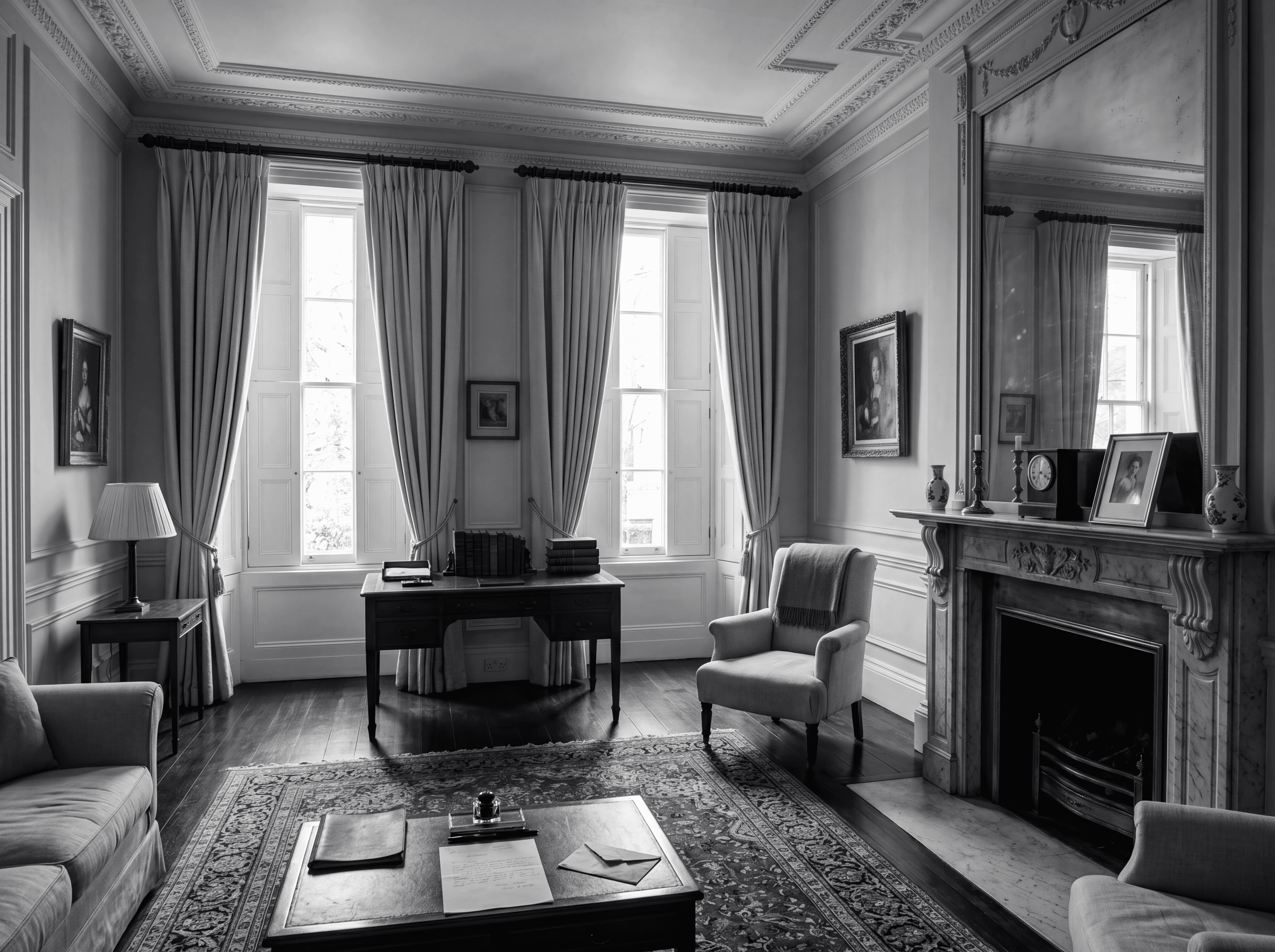 A Kensington drawing room interior in black and white, representing disposal oversight and strategic counsel for clients selling Prime London property.