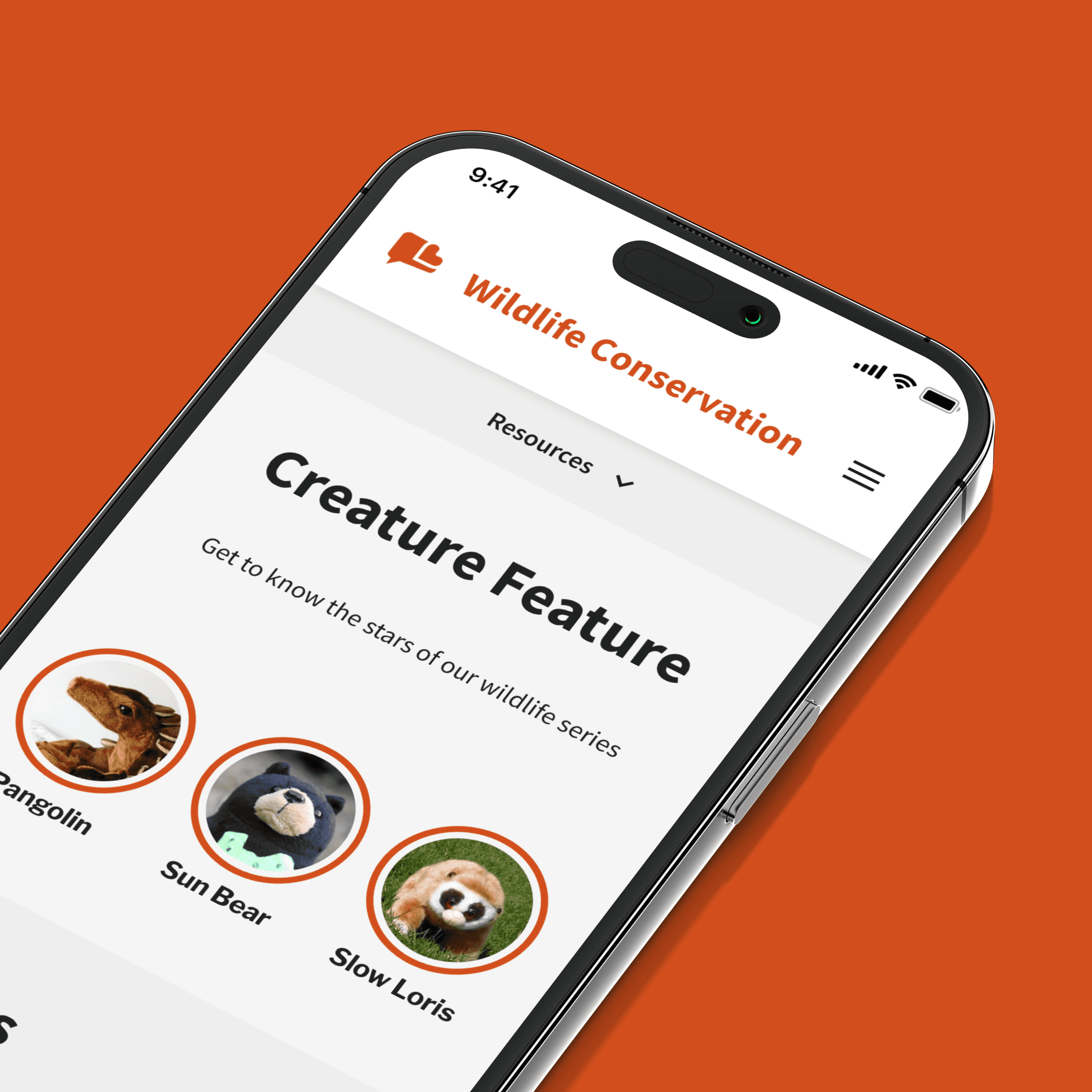 A phone screen displaying the 'Creature Feature' section, where users can view stories of animals like the Pangolin, Sun Bear, and Slow Loris