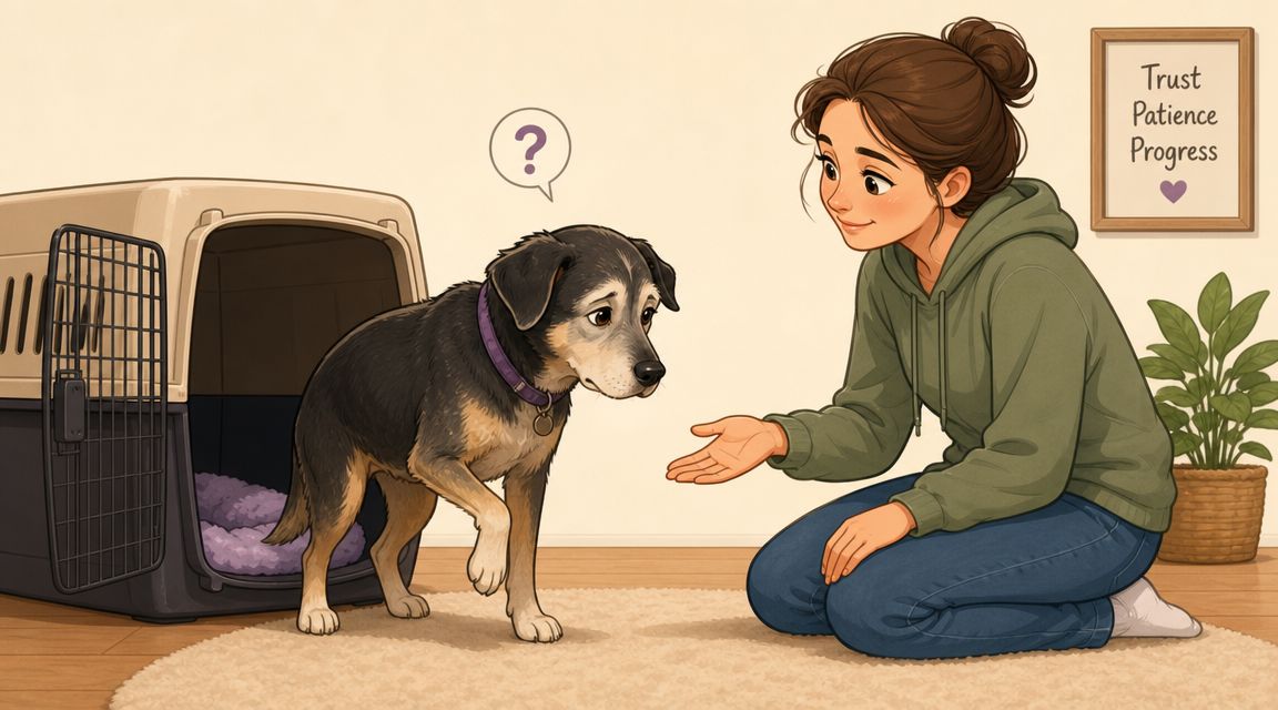 A woman kneeling on a rug, gently coaxing an hesitant older dog out of its transport crate.