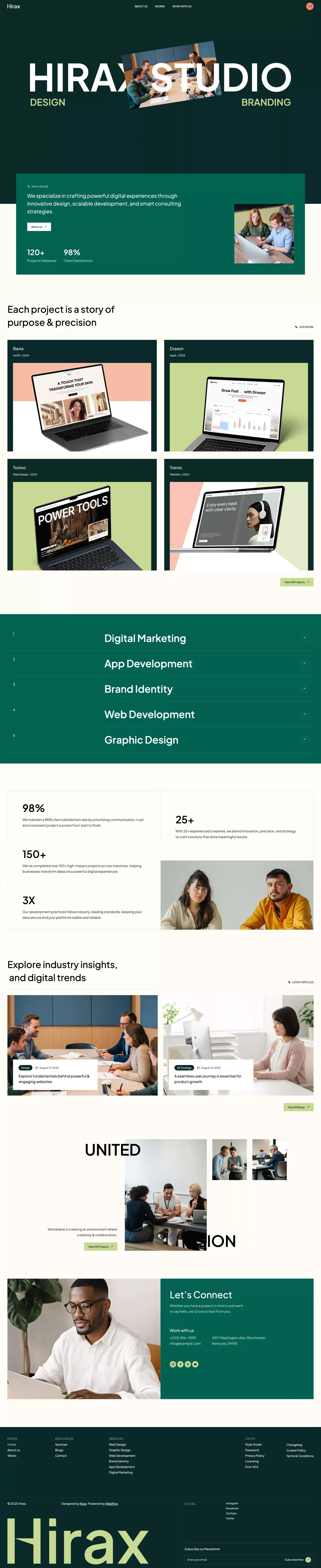 Hirax - Webflow HTML Website Template portfolio page screenshot showcasing Advertising and Design design
