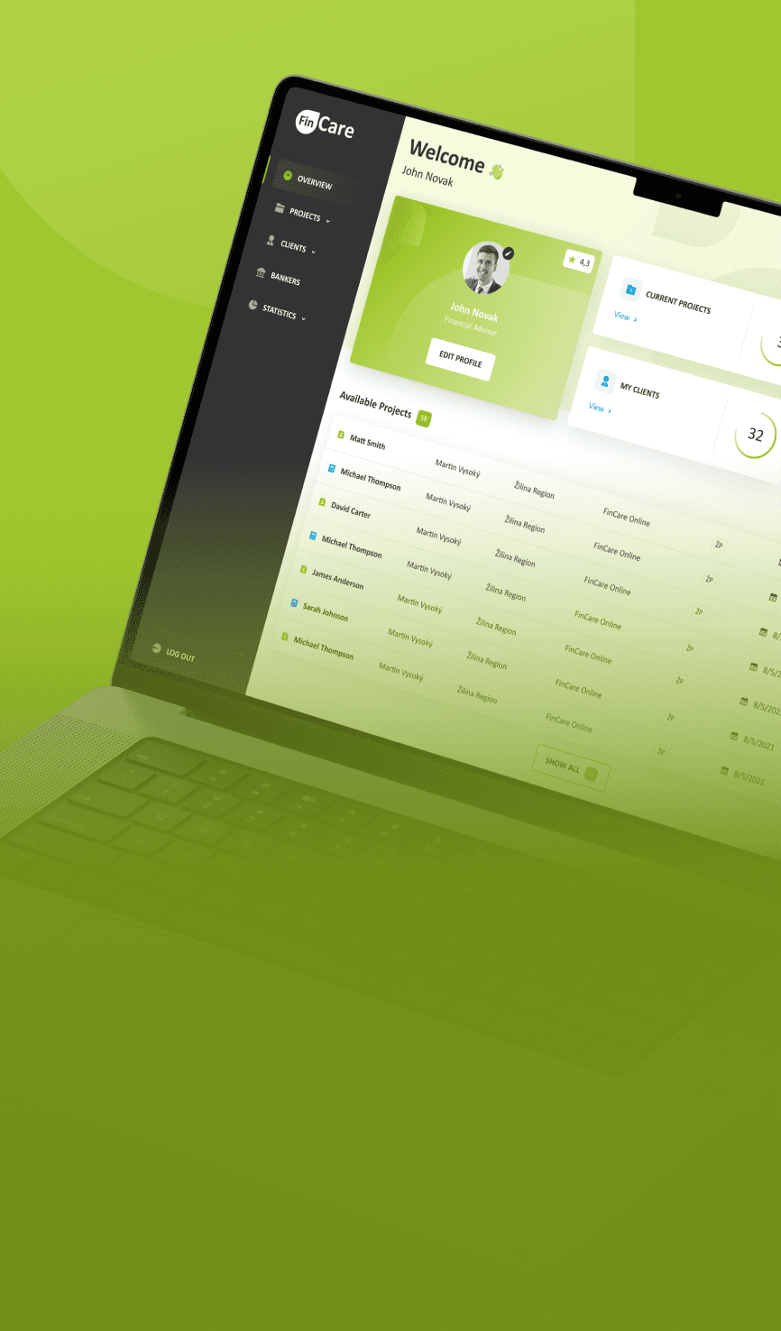 FinCare dashboard on a laptop showing welcome screen with active projects, client count, and project list overview