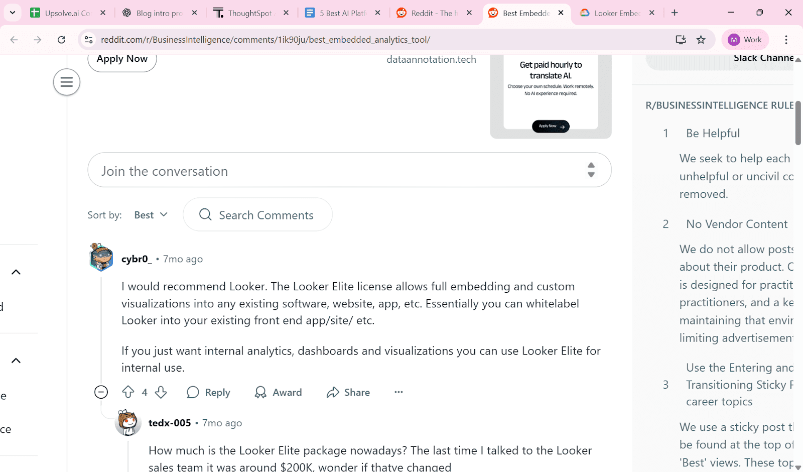 Reddit discussion recommending Looker for embedded analytics and noting high Looker Elite licensing costs