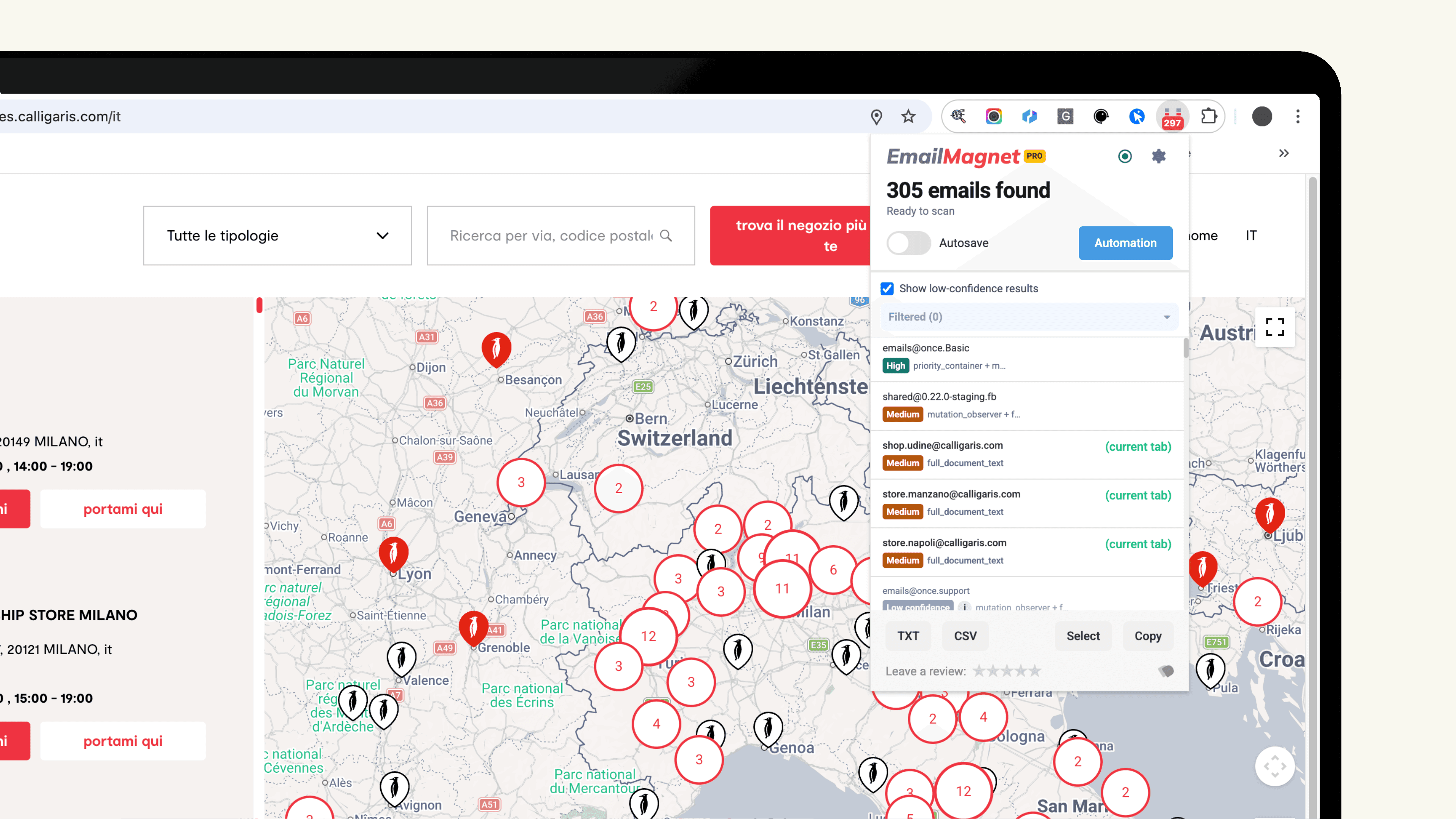 EmailMagnet Chrome extension interface extracting email addresses from an open webpage, demonstrating instant email finding capabilities.