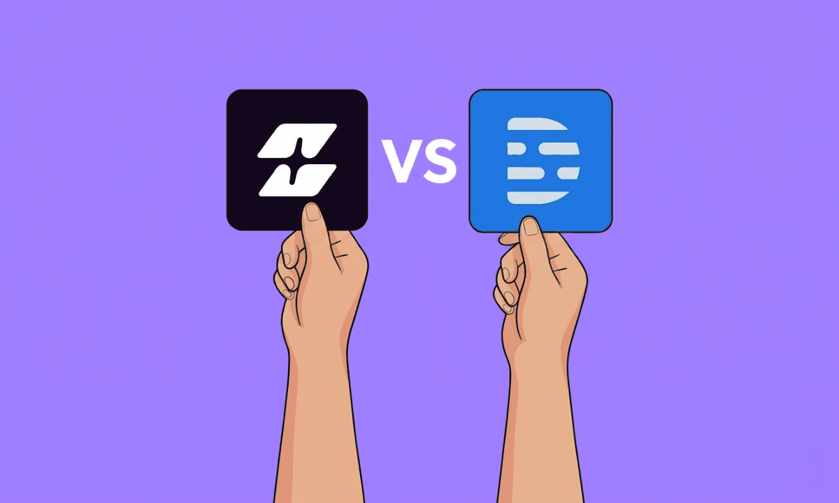 Two hands holding up the Selects logo and the Descript logo side by side for comparison, representing a head-to-head review of the two AI video editing tools