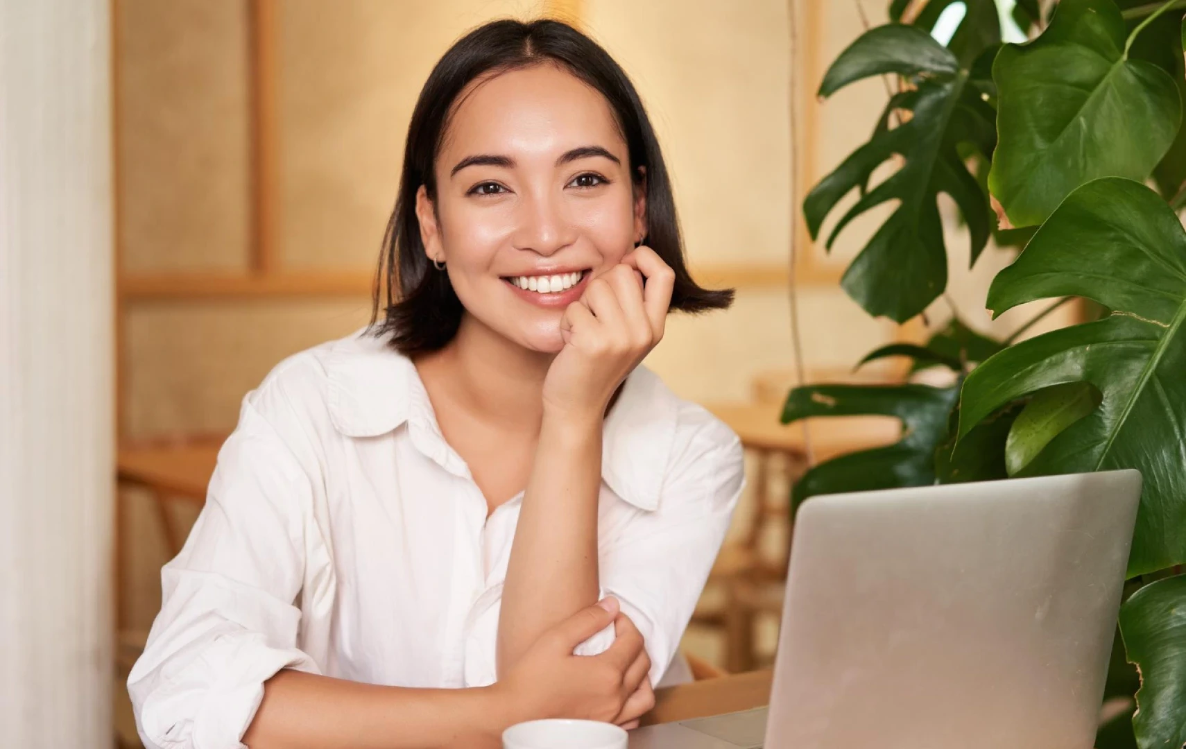 happy girl using laptop