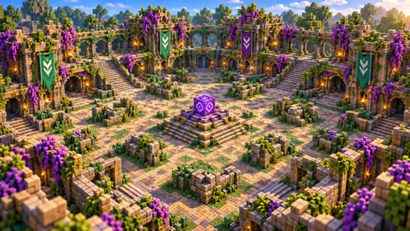 Overview of the voxel arena with a central purple objective and ruined stone walls