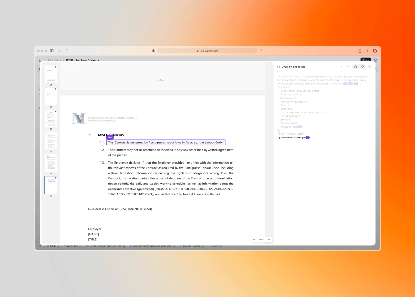 A digital contract review tool displaying a scanned document with a highlighted clause stating that the contract is governed by Portuguese labor laws. On the right side, an AI-powered extraction panel lists key contract terms, including jurisdiction, employment scope, and confidentiality.