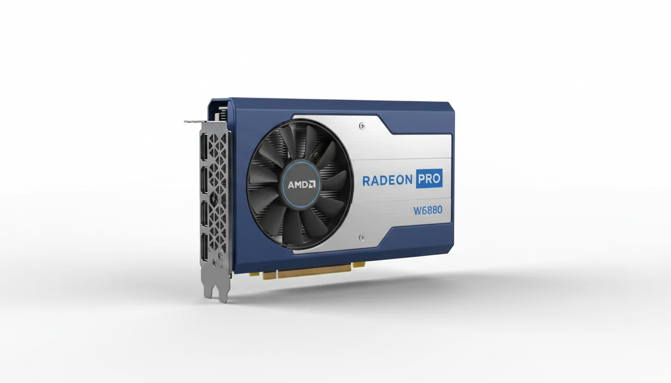 3D product render of a professional workstation graphics card, the AMD Radeon Pro W6800, captured from a low-angle three-quarters perspective. The design features a vibrant royal blue shroud and a central brushed silver metal accent housing a single blower-style fan. The card rests on an infinite white studio background, casting a soft, subtle shadow. Lit with soft global illumination, highlighting the photorealistic matte plastic and brushed aluminum textures. The silver section includes placeholder branding text in a clean blue sans-serif font.