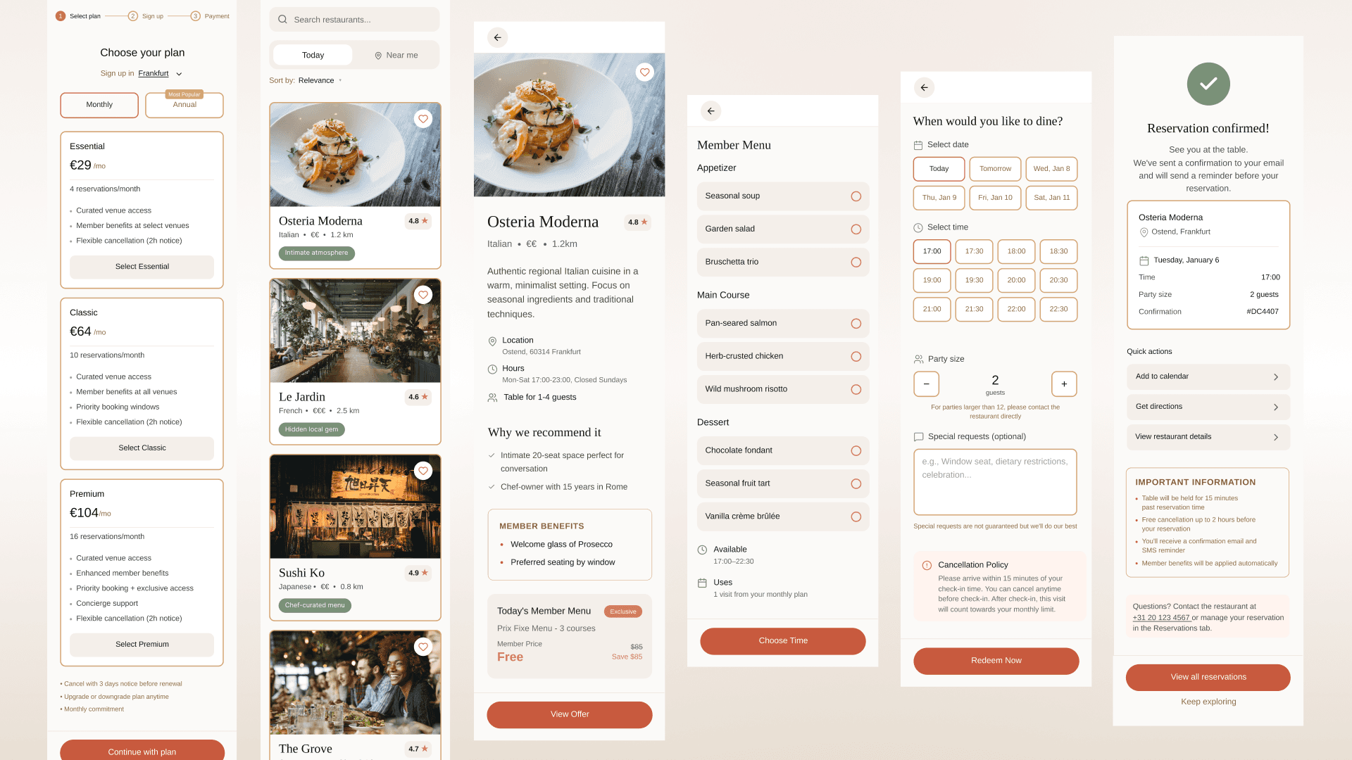 DineCircle UX process presentation slide showing user research insights, journey mapping, wireframes, and final UI screens