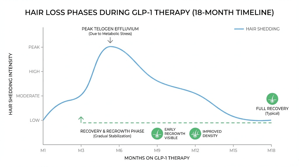 GLP-1 hair loss timeline showing shedding onset and recovery phases