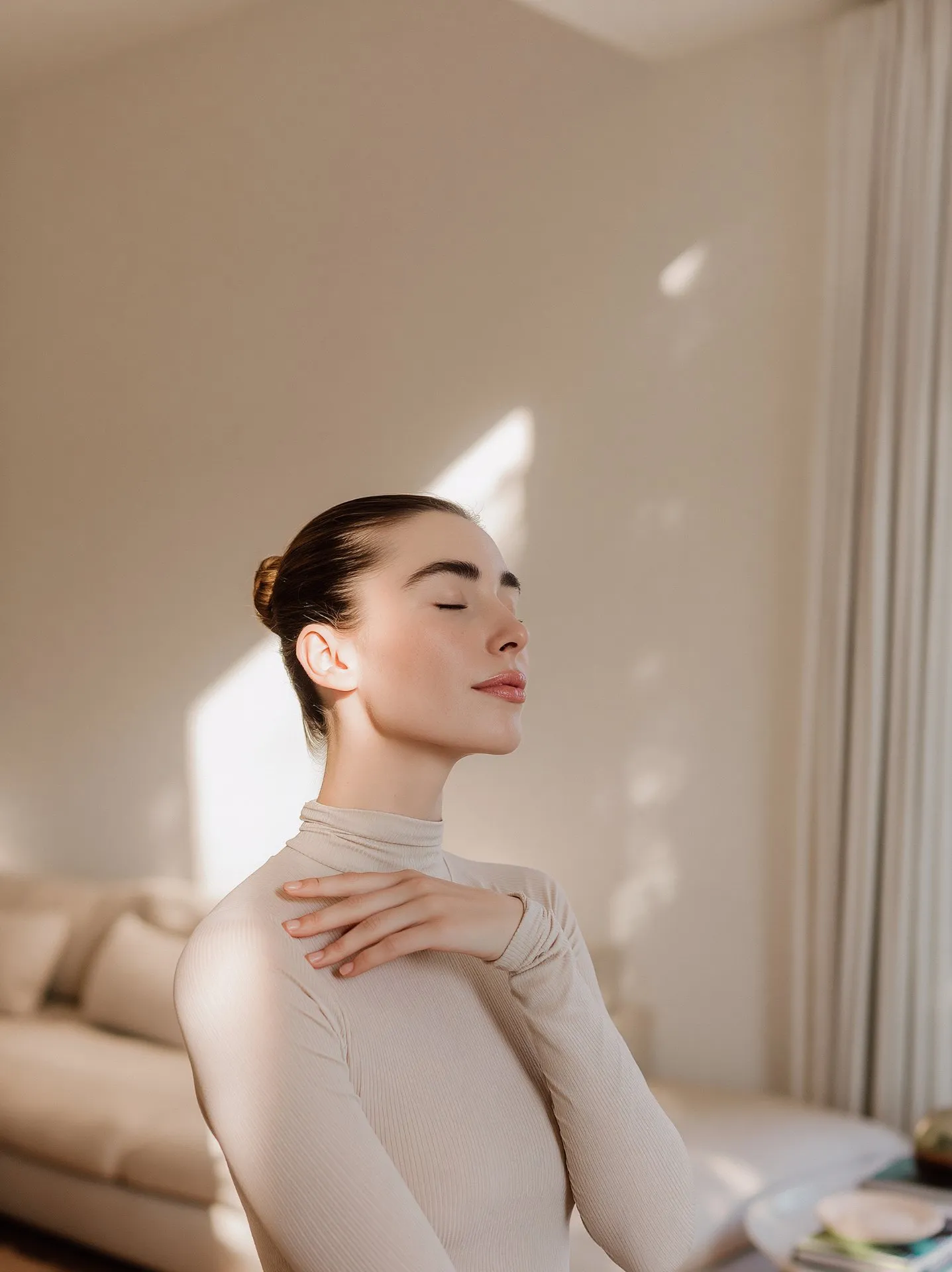 Serene Woman in Turtleneck with Eyes Closed