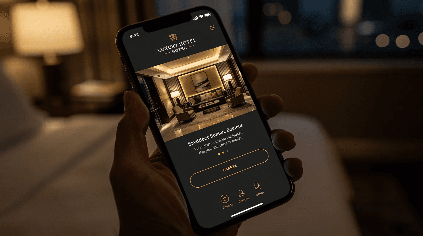 A smartphone screen displays a luxury hotel website with a sleek dark mode interface, featuring elegant gold accents, set against a dimly lit room. This visual emphasizes the importance of responsive web design and digital marketing services for enhancing user experience and online presence in the United Arab Emirates.