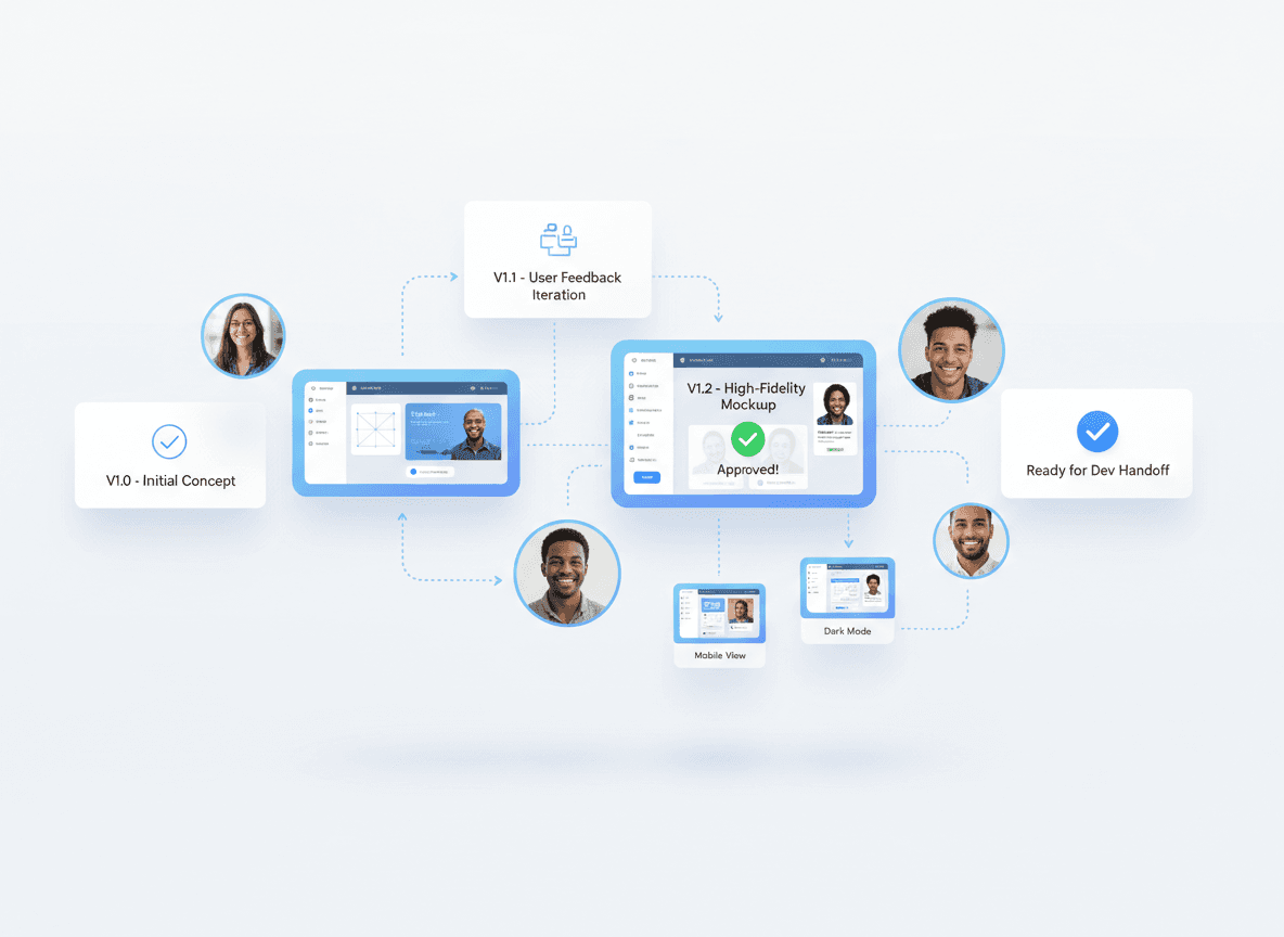 High-velocity SaaS product design workflow showing multiple high-fidelity screens reviewed and approved for rapid release