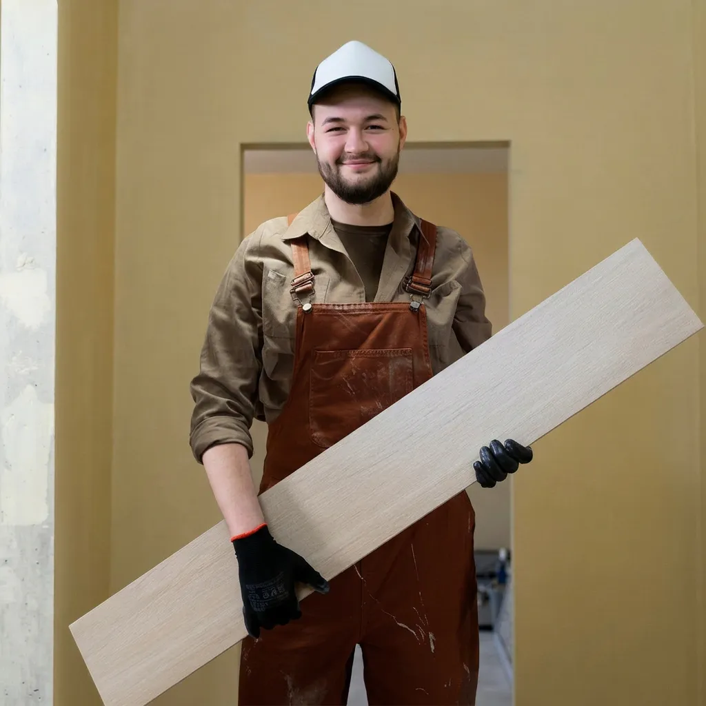 Man in a white cap and brown overalls smiles while holding a wooden plank. He wears black gloves, suggesting construction or renovation work.