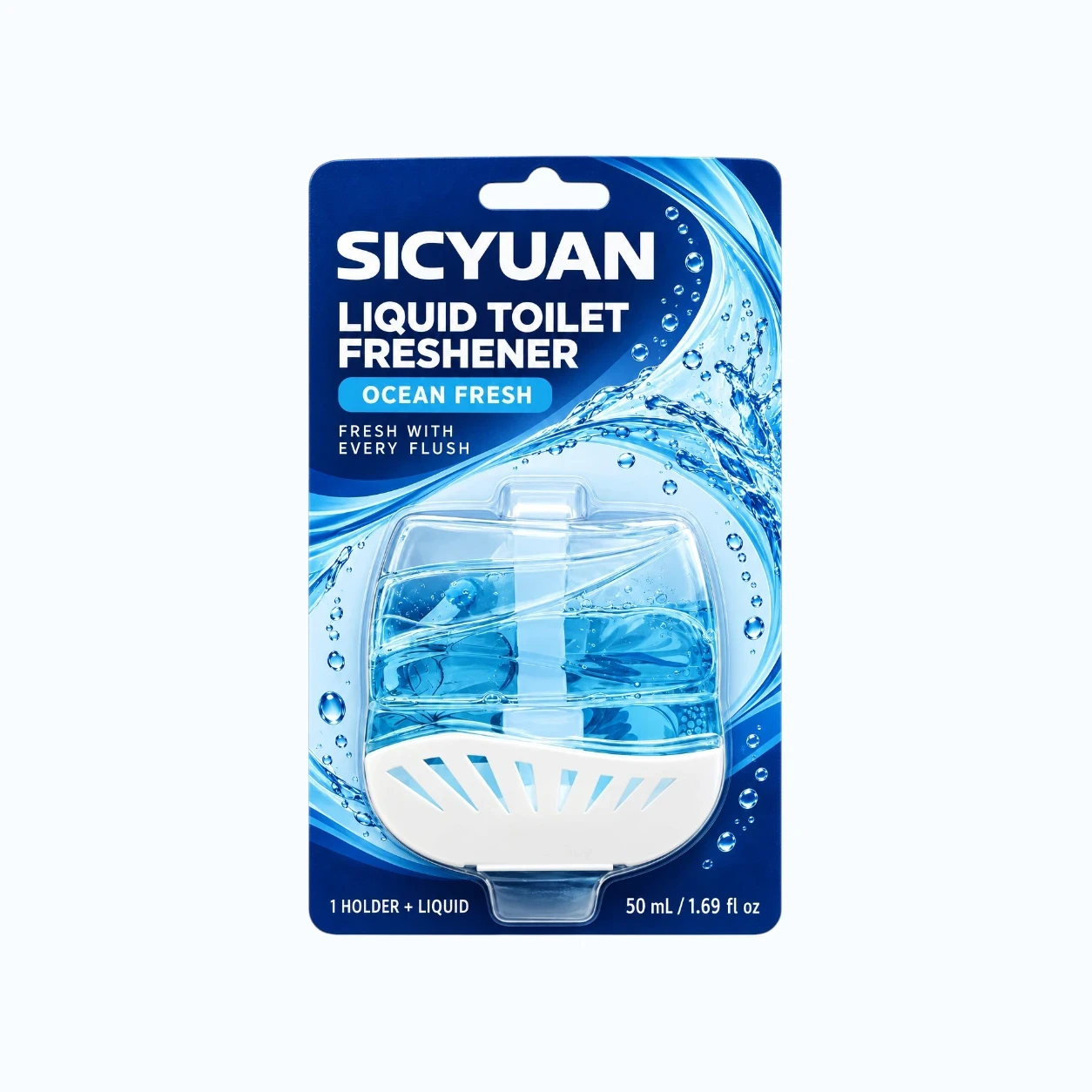 Liquid toilet rim freshener with a transparent reservoir and white hanging holder in retail blister packaging.