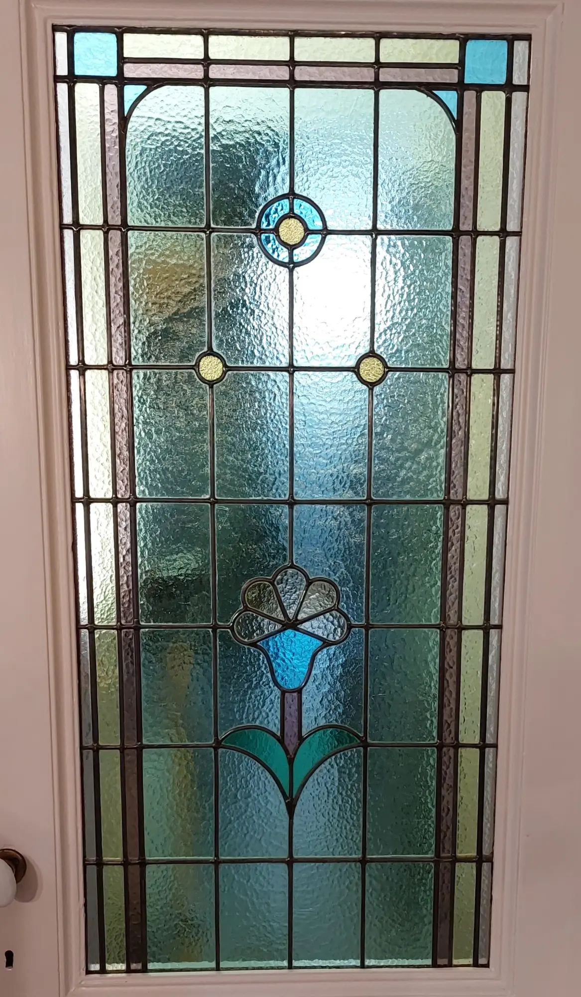 Art-Deco deurpaneel met floraal element - glaspaneel na restauratie - Borgerhout